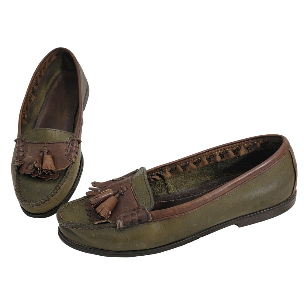 GH Bass Weejuns Womens 9‎ M Olive Green Brown Leather Tassel Kiltie Loafers Flat
